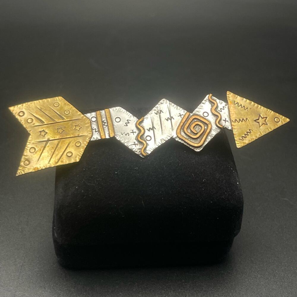 Artisan Q Miller Signed Crooked Arrow Pin Stamped Mixed Metals Bozeman Montana